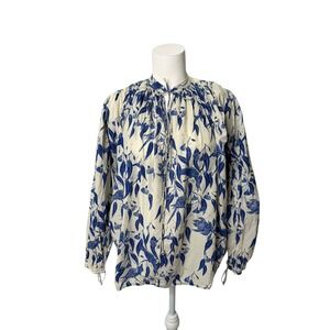 Laurence Bras Blue White Handloom Cotton Floral Bird Tie Neck Blouse Taille 0